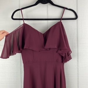 Morilee Chiffon Bridesmaids Dress with Off-the-Shoulder Ruffle Detail Bordeaux